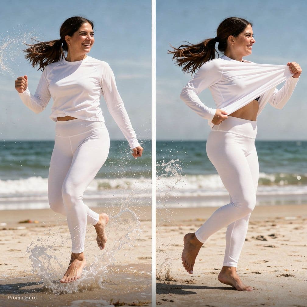 AI generated: A dynamic fitness commercial: an adult woman with tanned skin demonstrates active swimwear by jumpin...