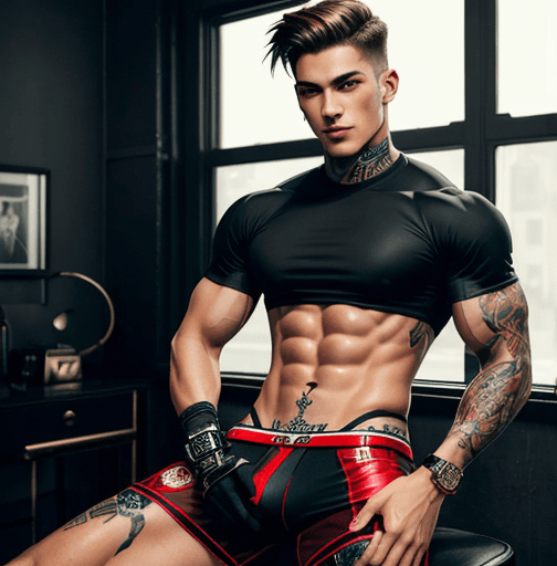 AI generated: A teen with a perfect jawline and face, a 10 pack in a extremely extra short and tight red underwear...