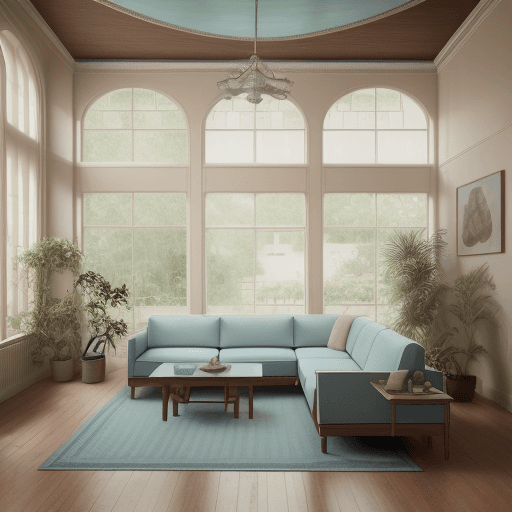 AI generated: High resolution photography interior design, dreamy sunken living room conversation pit, wooden floo...