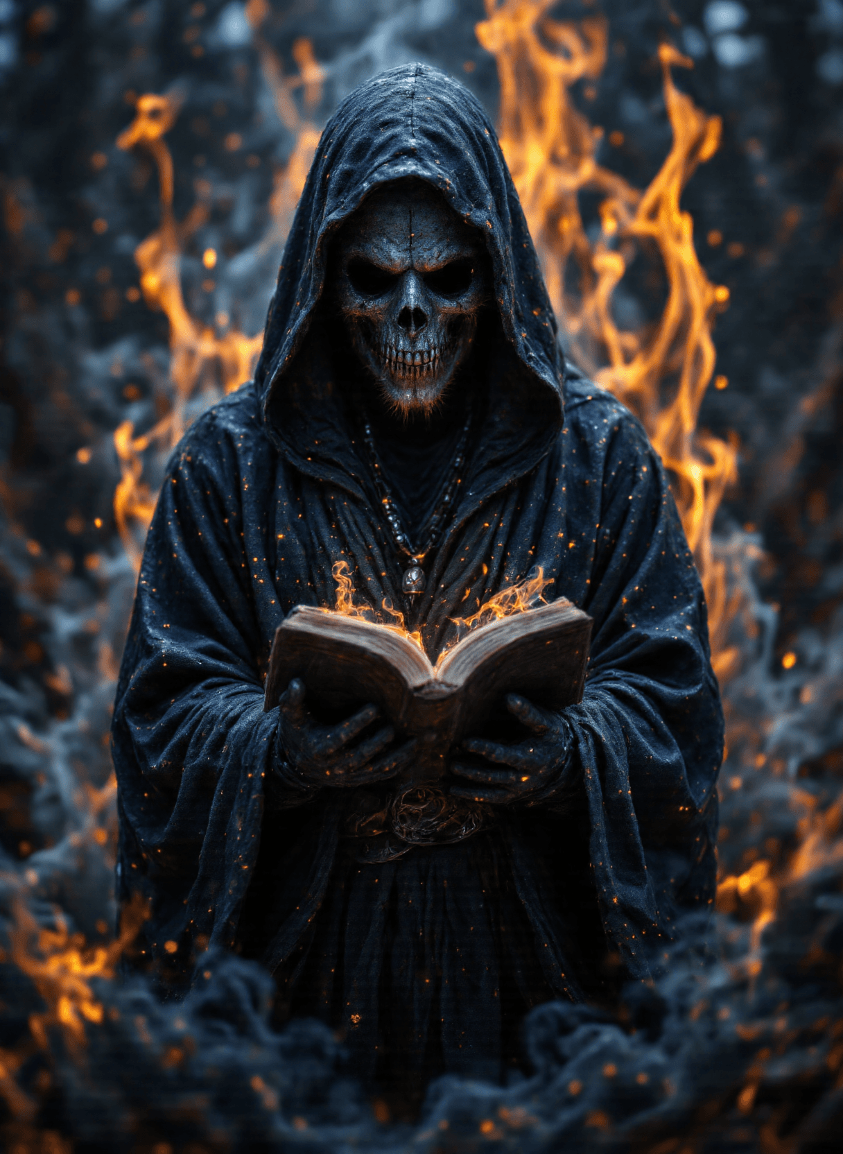 AI generated: The image depicts a figure dressed in dark, ornate robes holding an open book. The figure's face is ...