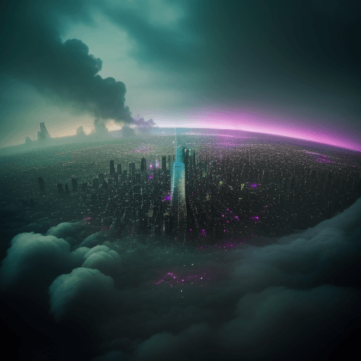 AI generated: city of pollution in the sky, on middle, close up, with acid rain  
