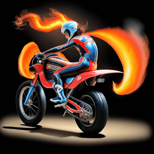 AI generated: 80s rider jumping through flames acrobatics on a 3 wheeler honda tri bike High resolution sketch jum...
