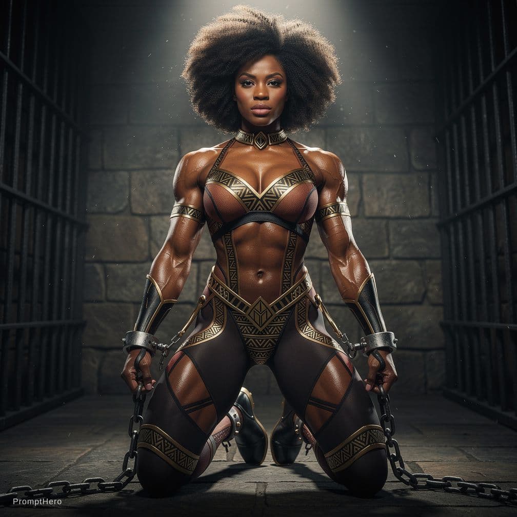 AI generated: Cinematic style. NSFW. Full body image of African superheroine. Very tall. Incredibly muscular. Beau...
