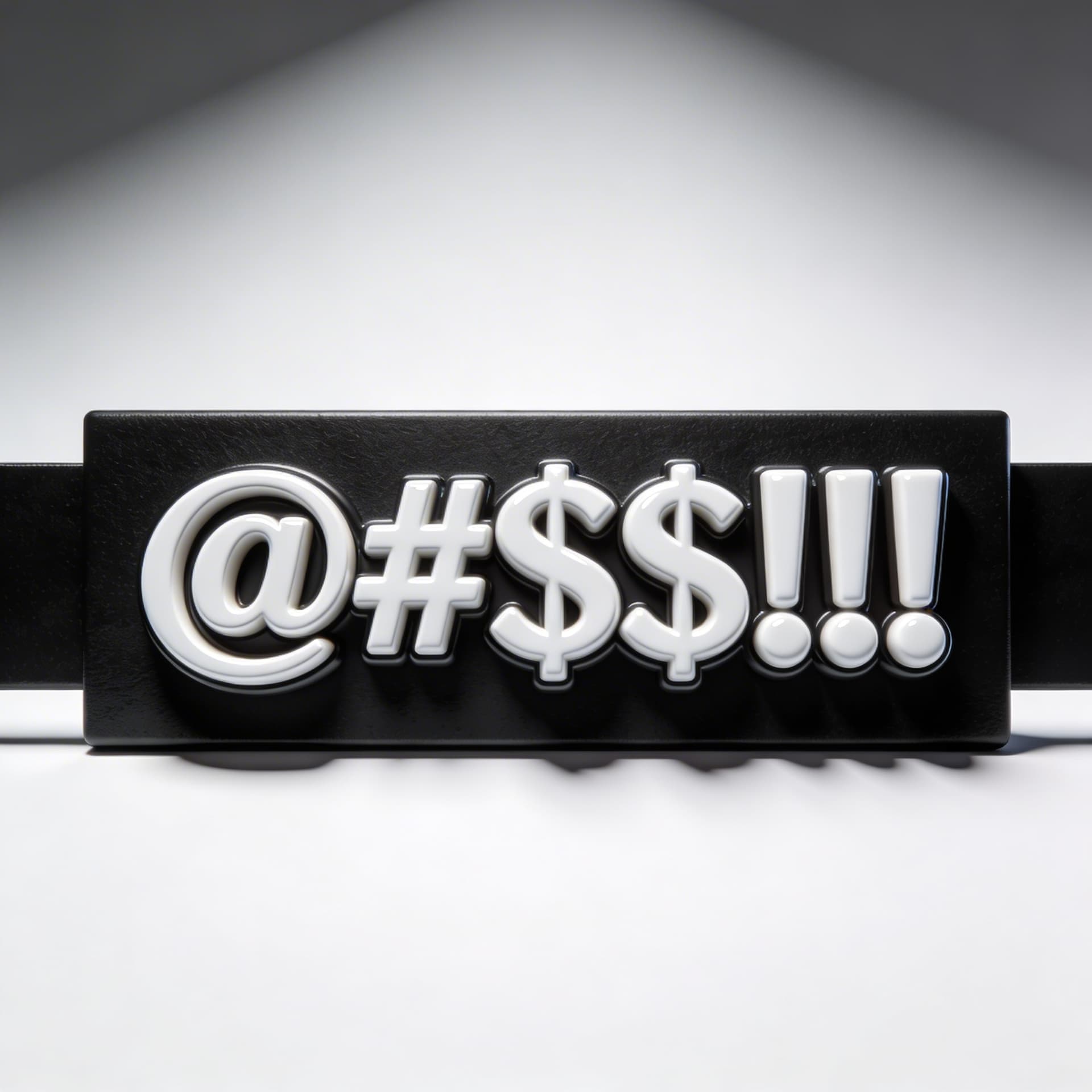 AI generated: front  straight view of a 3d black strip with white 3d text on the front, the 3d words are saying @#...