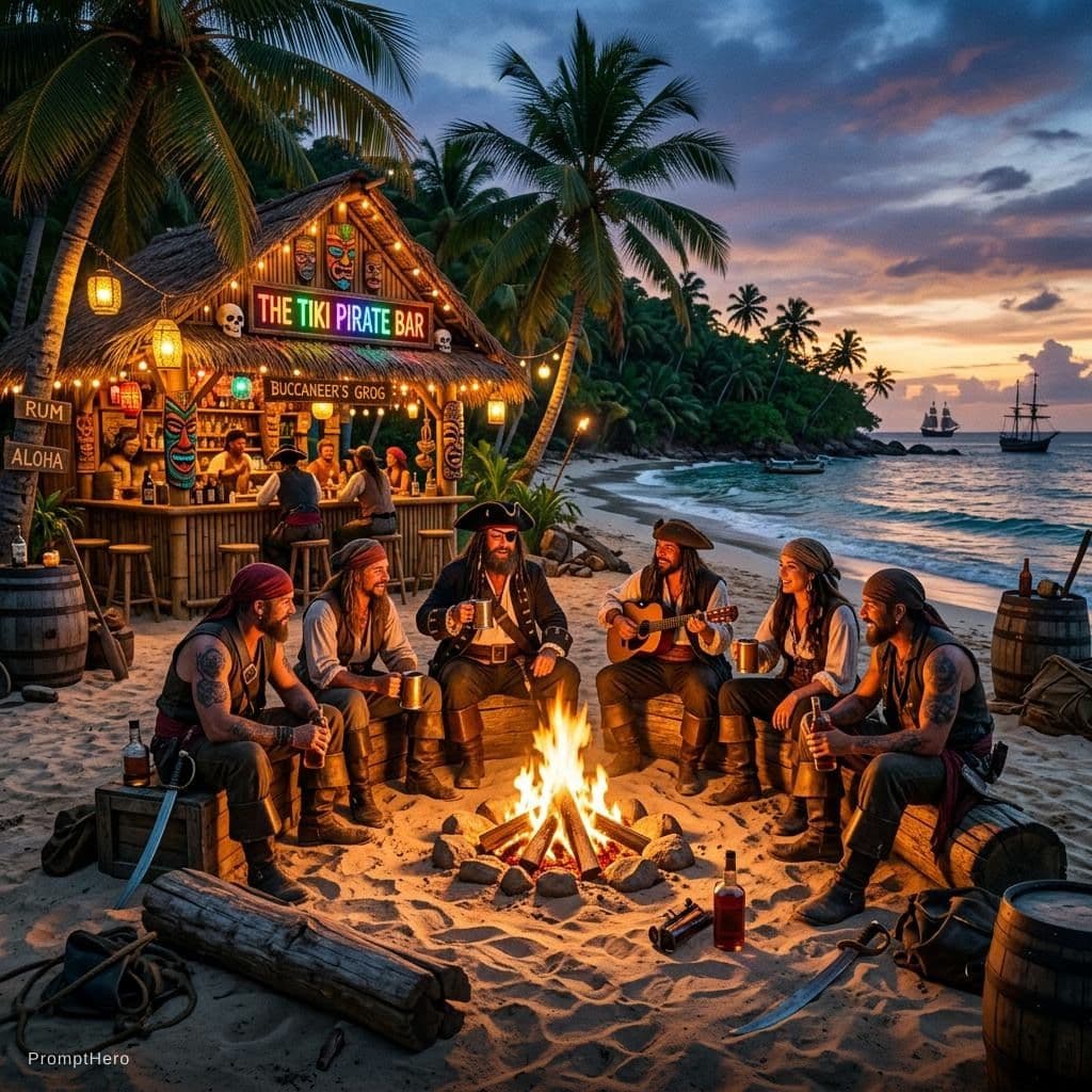 AI generated: realistic tropical island with a colorful tiki bar, with pirates sitting around the campfire