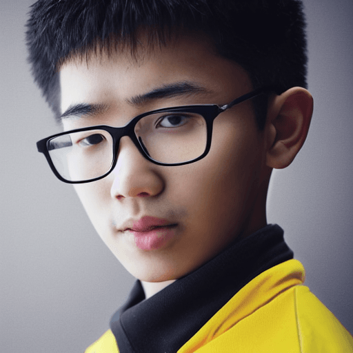 AI generated: Asian boy, 15, yellow hockey cut hairstyle, spiky chin, wearing glasses, a large reflection of an iP...