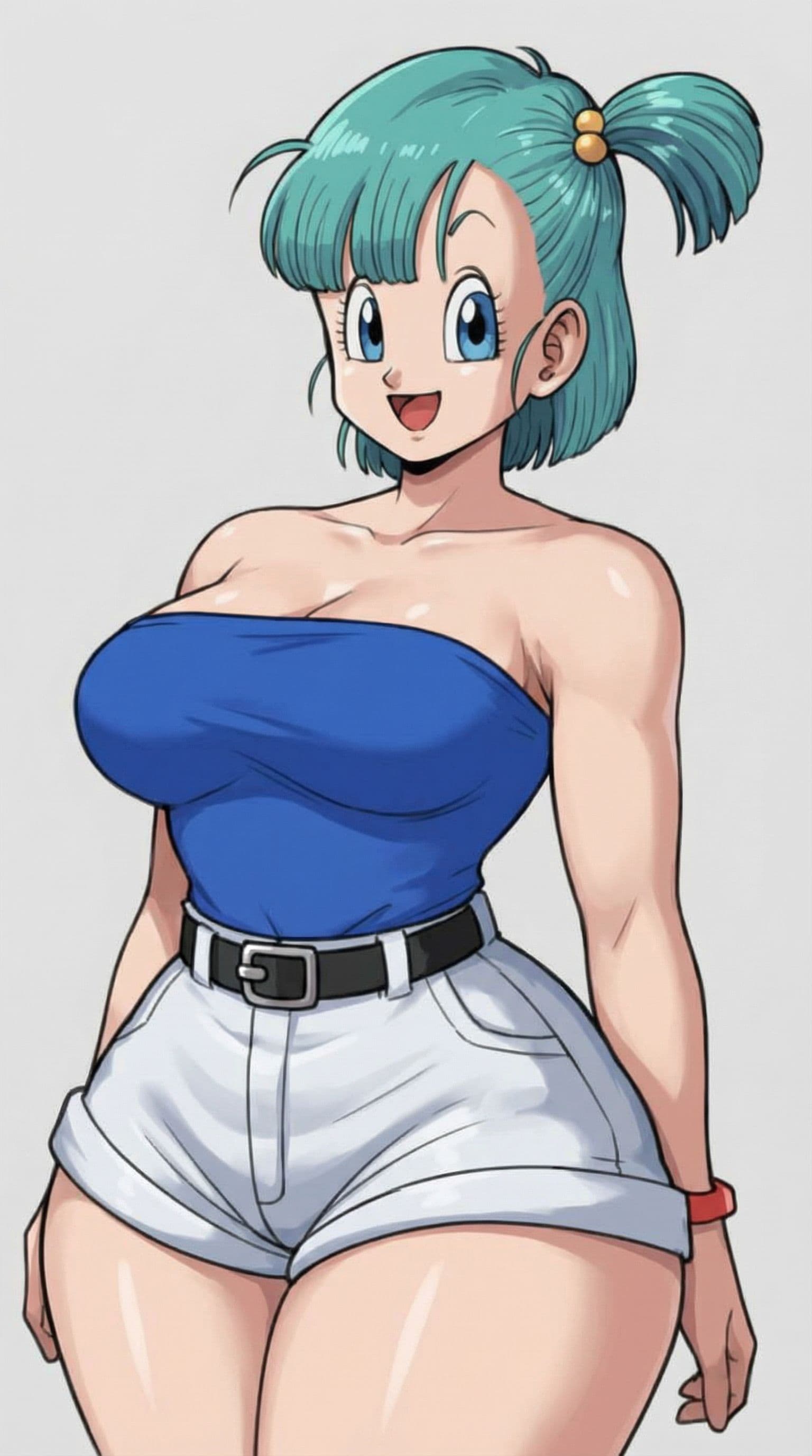 AI generated: Replace her shirt with a strapless blue top shirt, tucked in, change color of shorts to White, remov...