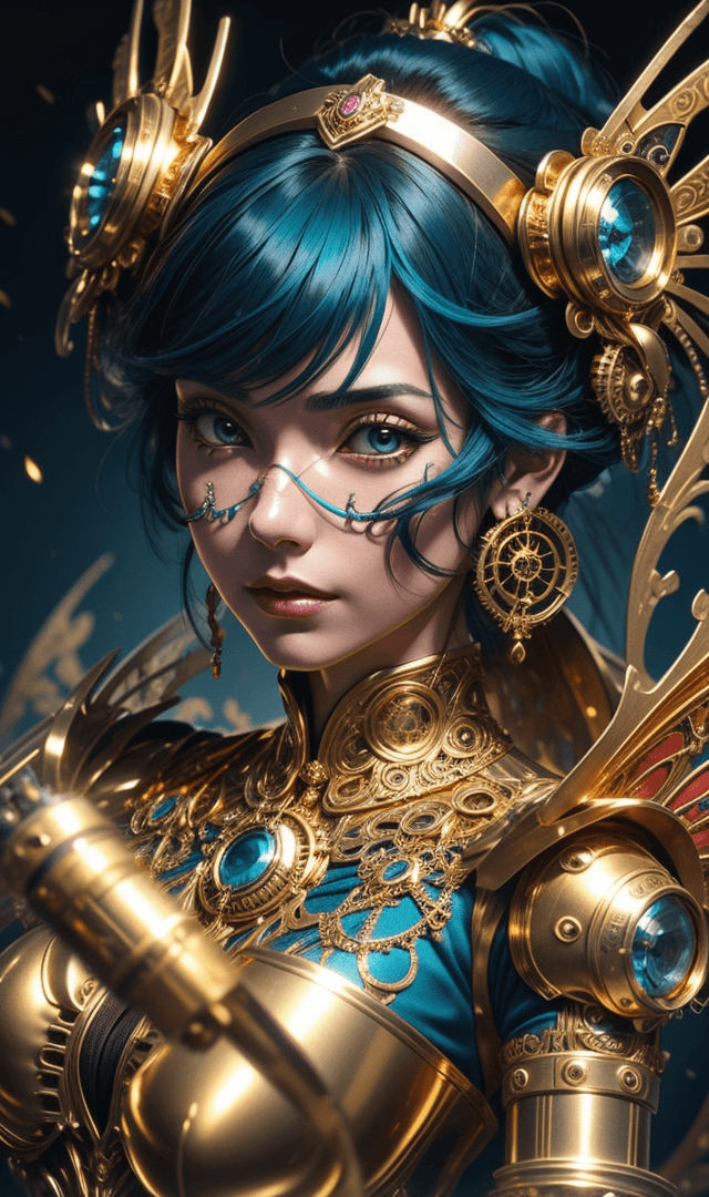 AI generated: 3d image of a steampunk woman, in the style of Bella Kotak, gold and cyan, photorealistic detail, da...