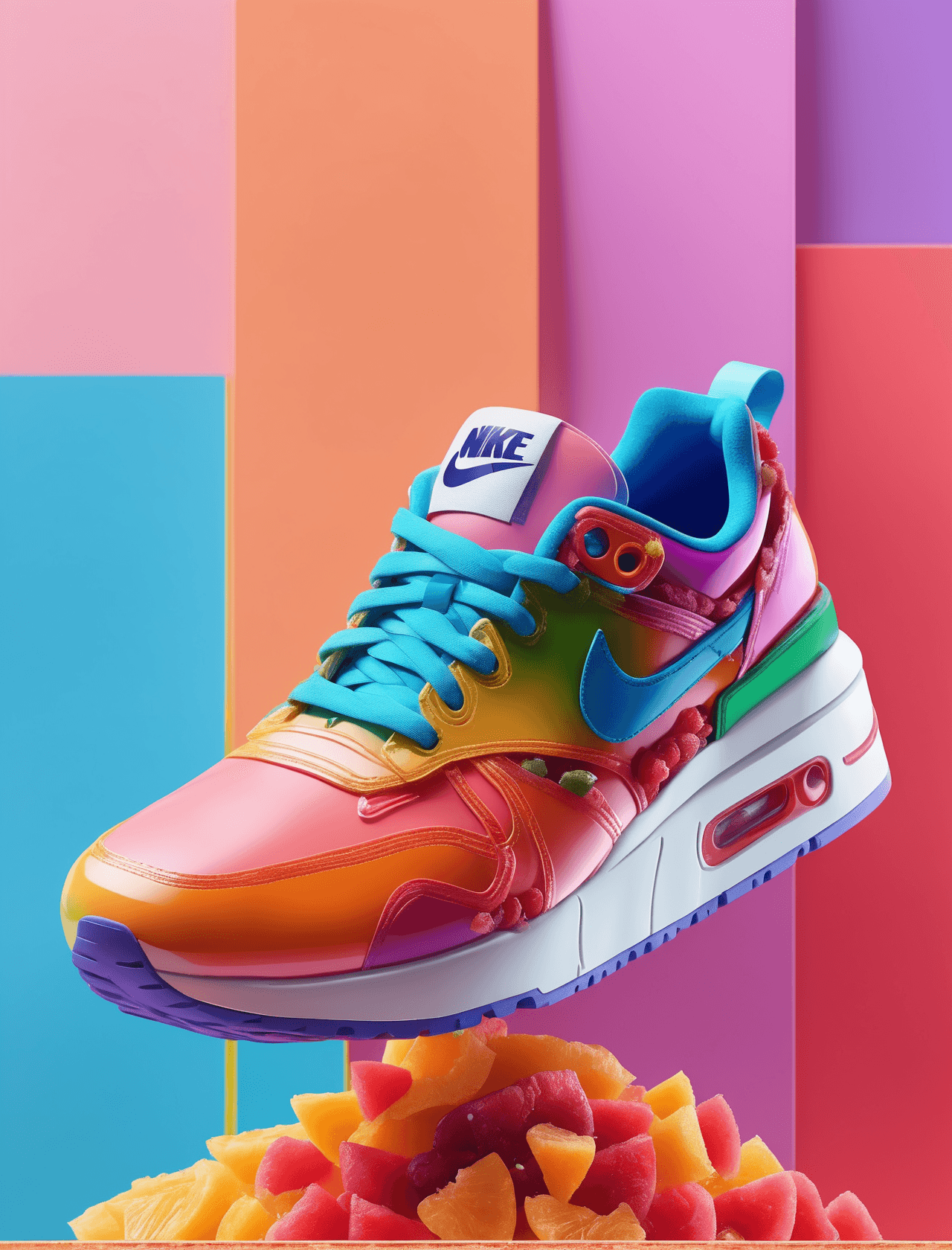 AI generated: sneakers in the style of Nike Airs made of dried fruit, futuristic solarpunk, high detail, bright co...