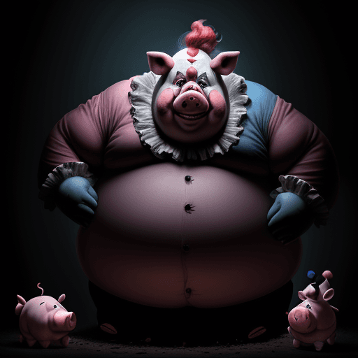 AI generated: Dialogue between a two characters, one clown and a pig creature, full body, mystical atmosphere, mur...