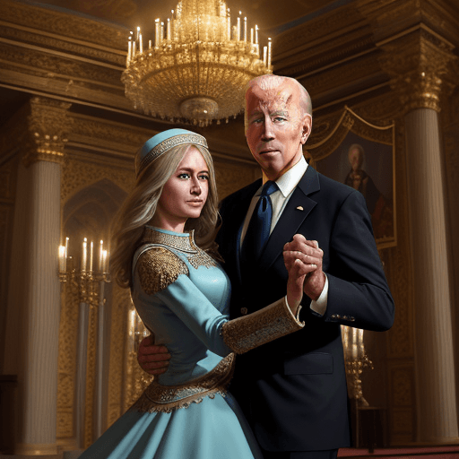 AI generated: Hyper realistic eye level photo of Joe biden, and Vlad Zelensky doing the Waltz with 
in an ornate R...