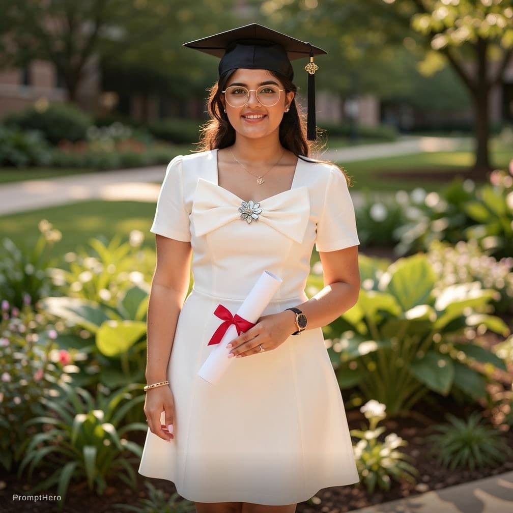 AI generated:  Create a bright outdoor graduation picture in a campus garden filled with green plants and soft sun...