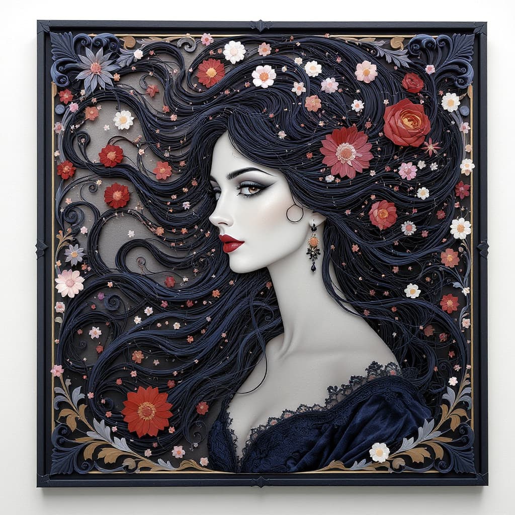 AI generated: A hauntingly elegant 3D sculptural relief portrait of a woman with flowing dark hair, blending Art N...