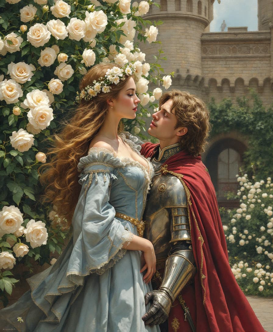 AI generated: Uma pintura romântica no estilo de Edmund Leighton, retratando uma cena medieval encantadora: uma jo...