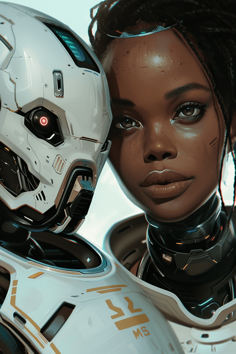 AI generated: black android woman and the robot, in the style of anime art, realistic, emotive portraits --ar 85:1...