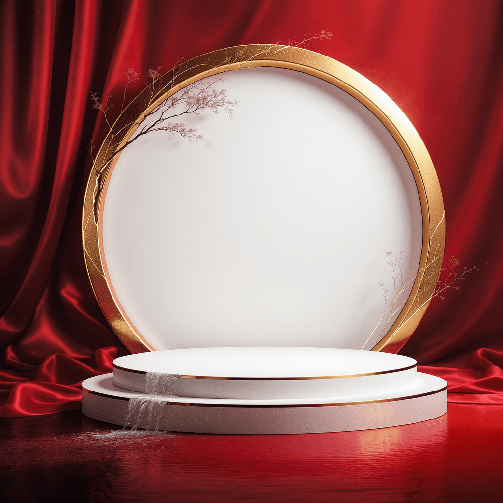 AI generated: dark crimson red silk background, empty white color platform for the product to be on, gold metallic...