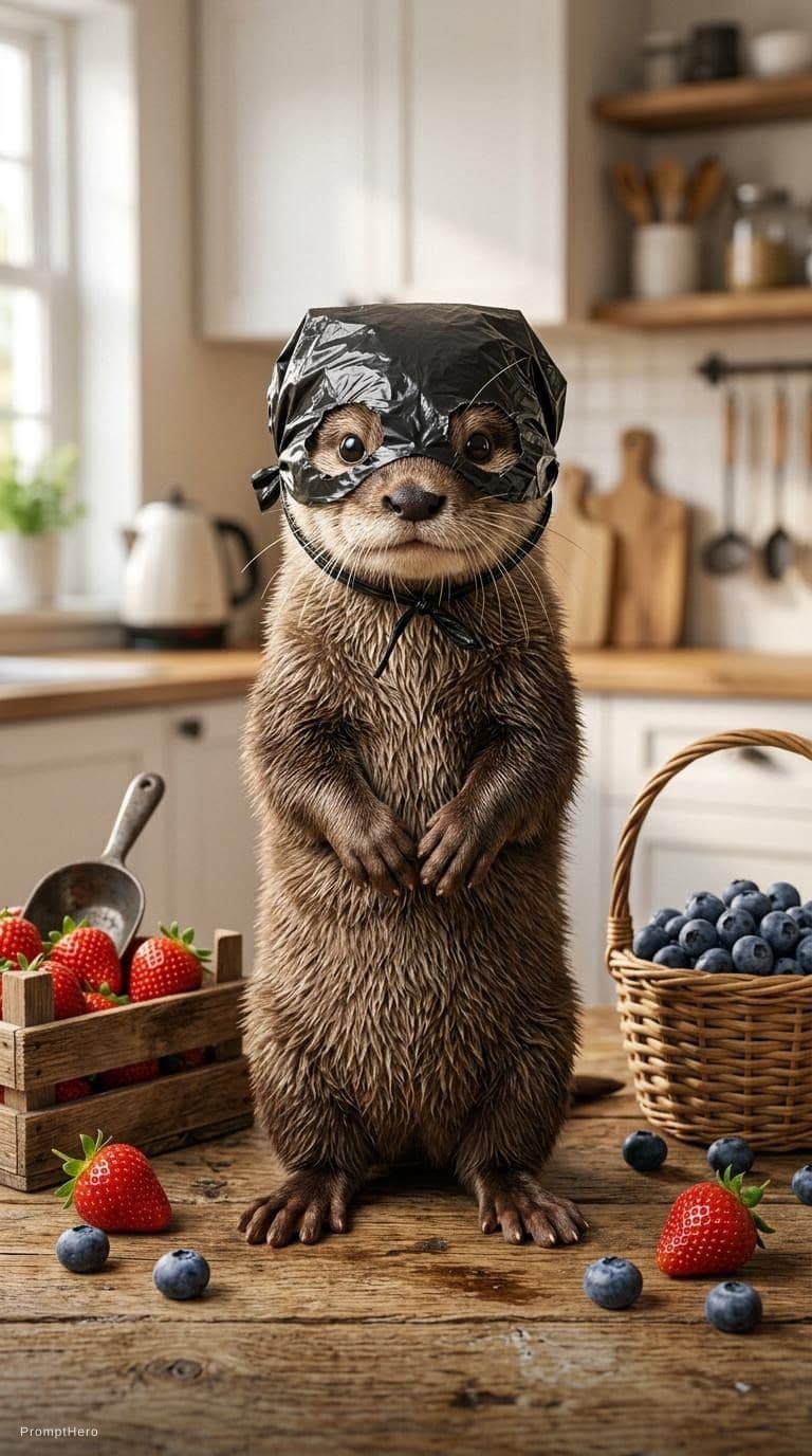 AI generated: An adorable baby otter standing upright on a rustic wooden kitchen table, tiny paws resting naturall...