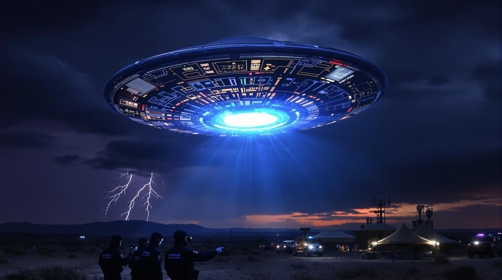 AI generated: A stormy night sky over the Nevada desert, illuminated by an intense, surreal light emanating from a...