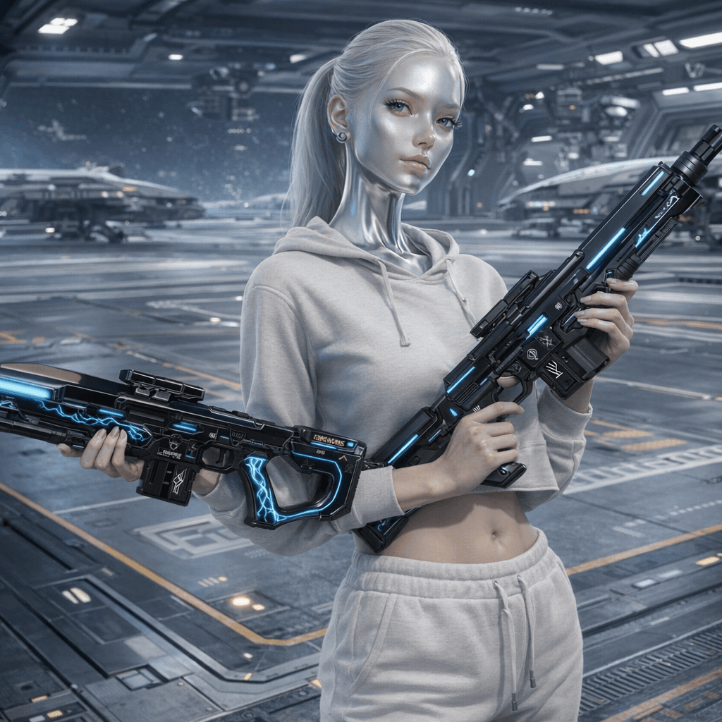 AI generated: Create an image where all the charactes are casually holding the reference weapons in a pose. Change...