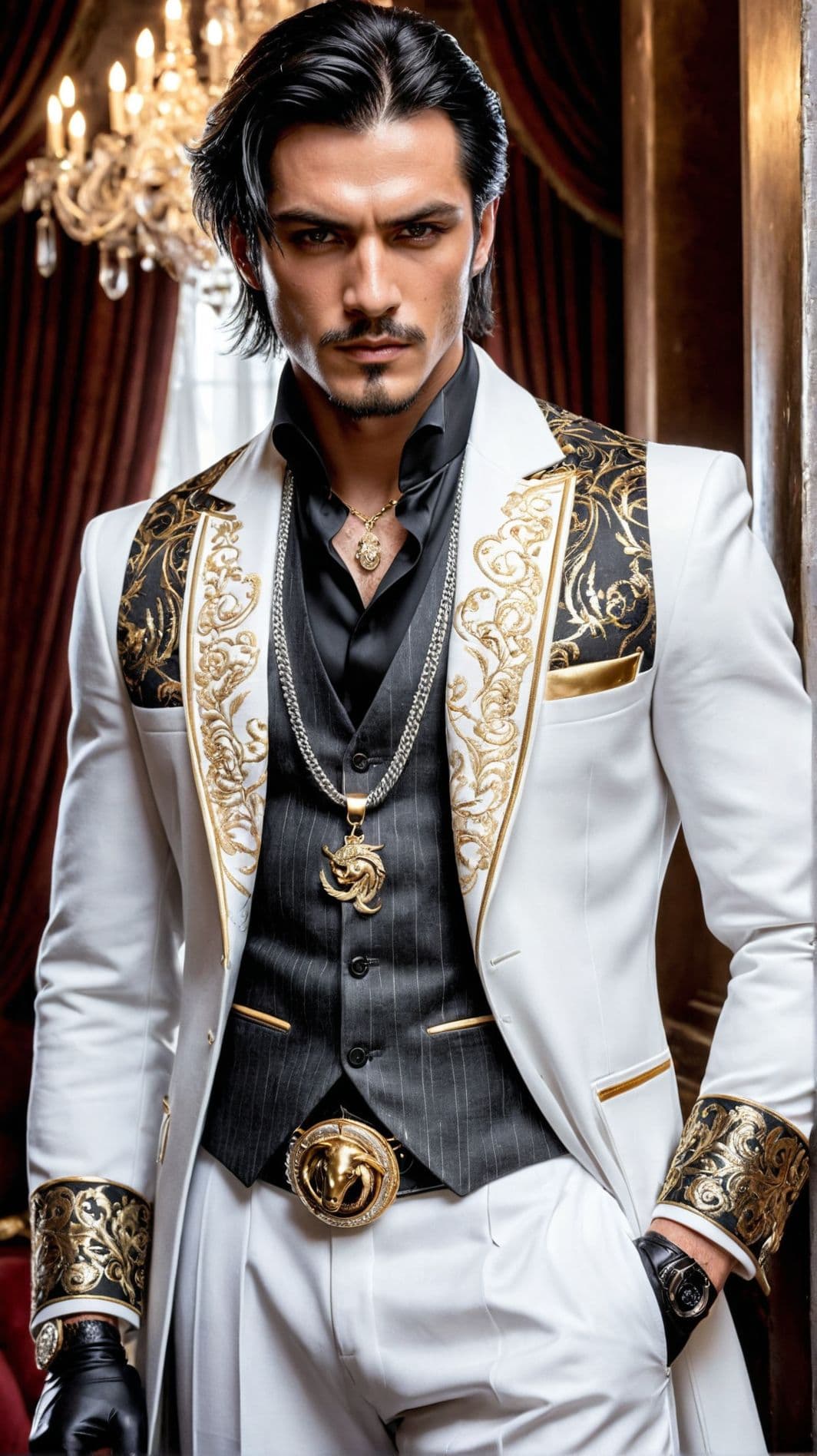 AI generated: An elegant and mysterious male fighter character design inspired by Italian aesthetics. He wears a l...