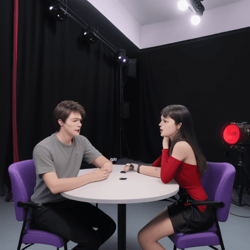 AI generated: A girl and a guy are sitting , there is a red button on the table,they are in the video studio,the m...