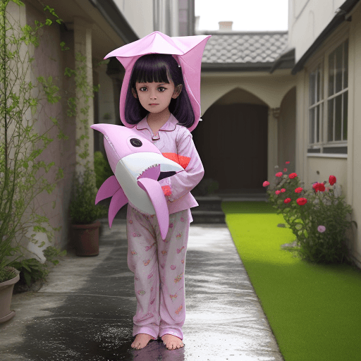 AI generated: 4 years old girl, standing in a house front yard, wearing pink and purple pijamas, carrying shark so...