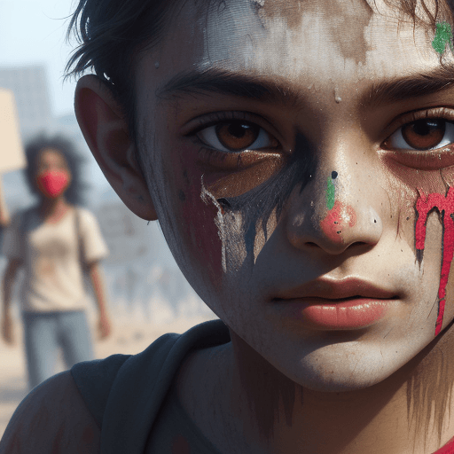 AI generated: A close-up of a young activist, face smeared with dirt and paint, eyes shining with determination. T...
