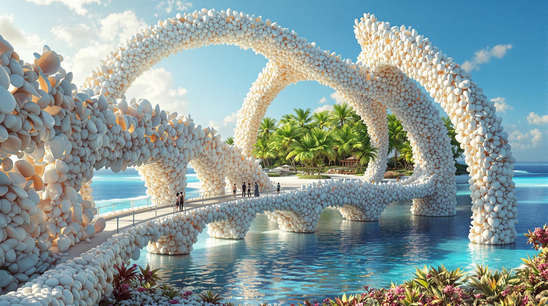 AI generated:  A majestic bridge crafted from colossal seashells and shimmering pearls arches gracefully towards a...