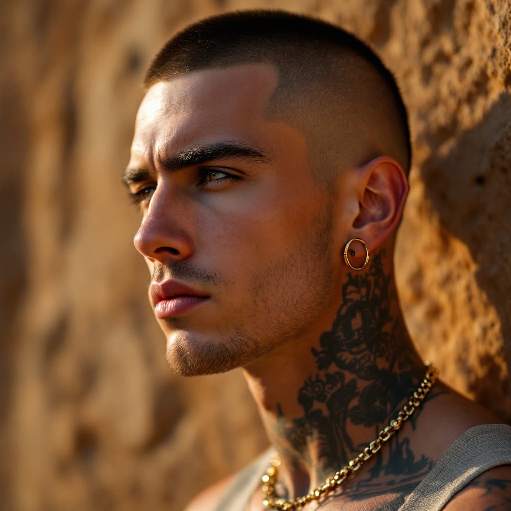 AI generated: “Portrait of a man with sharp features, buzz cut, neck tattoos, one gold hoop earring, facing sidewa...