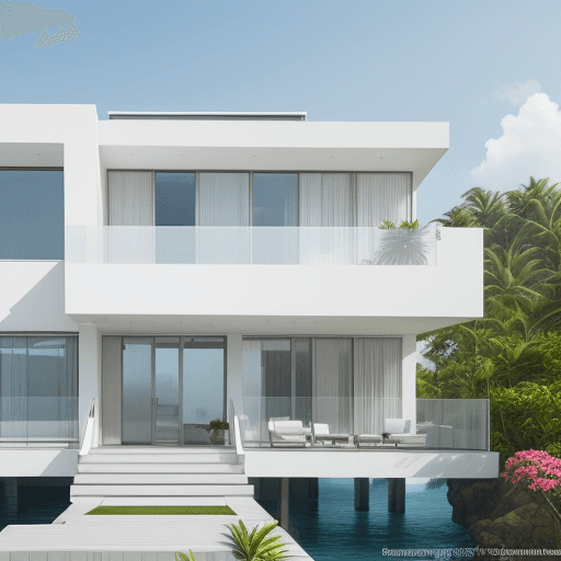 AI generated: Hyper realistic eye level exterior photo of a modern style house overlooking the ocean, floor-to-cei...