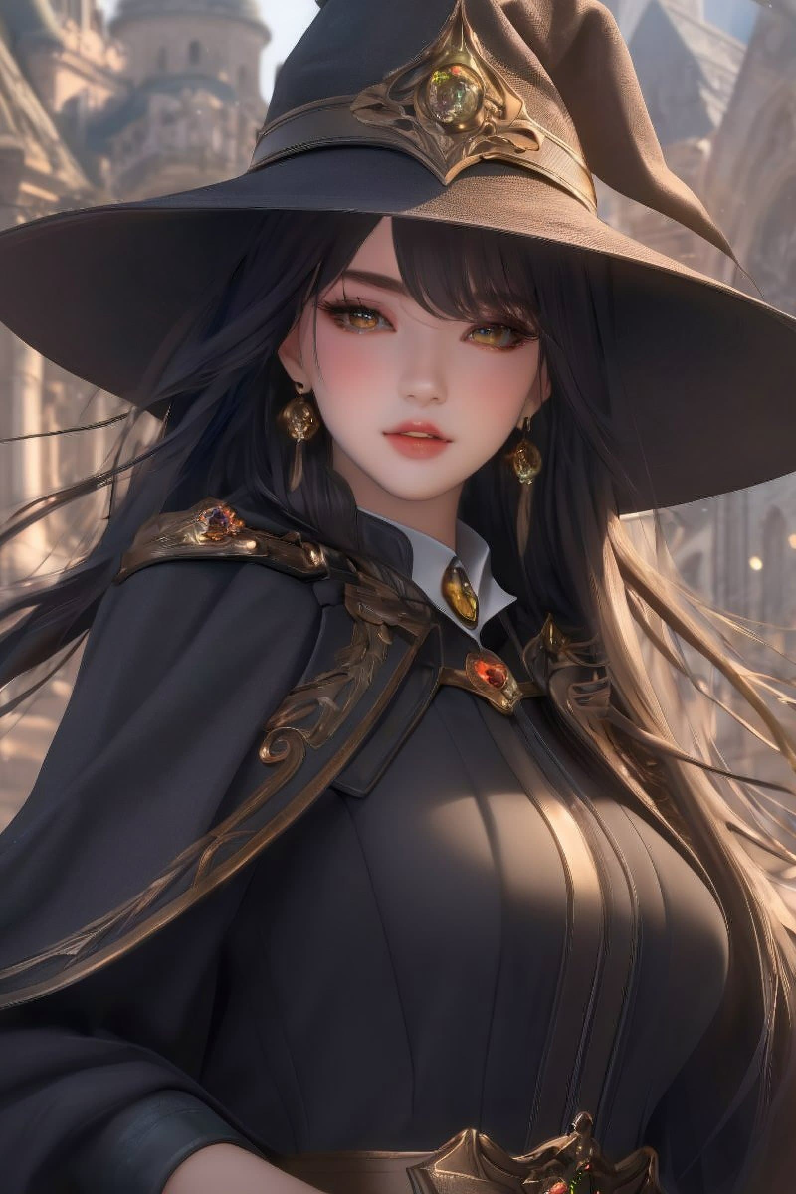 AI generated: rugged girl witch wearing magic school uniform, large wide - brimmed witch hat, cinematic, elaborate...