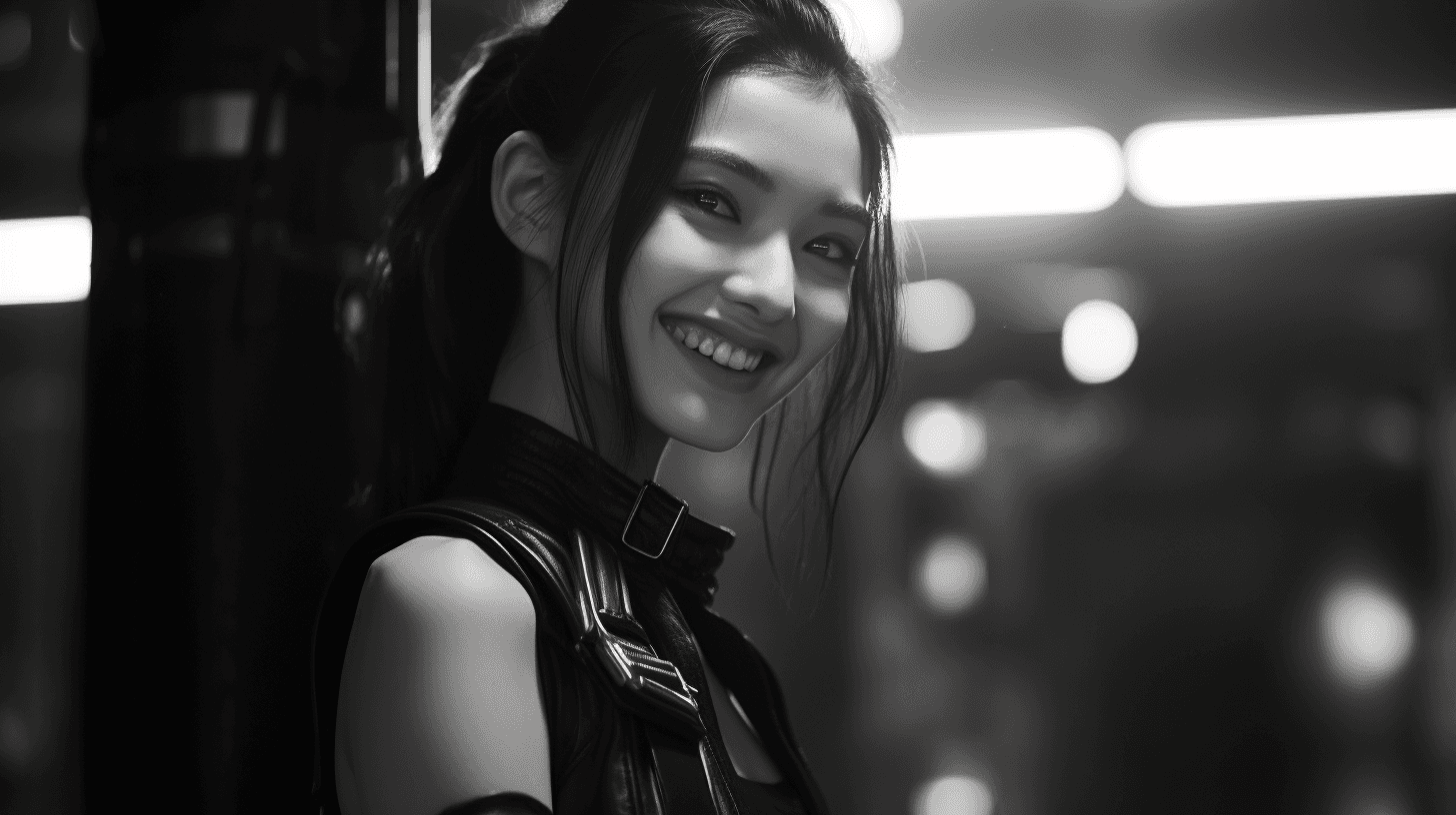 AI generated: Angelababy with a big smile with teeth as a cyberpunk street fighter, 16-35mm lens, f/1.8, global il...