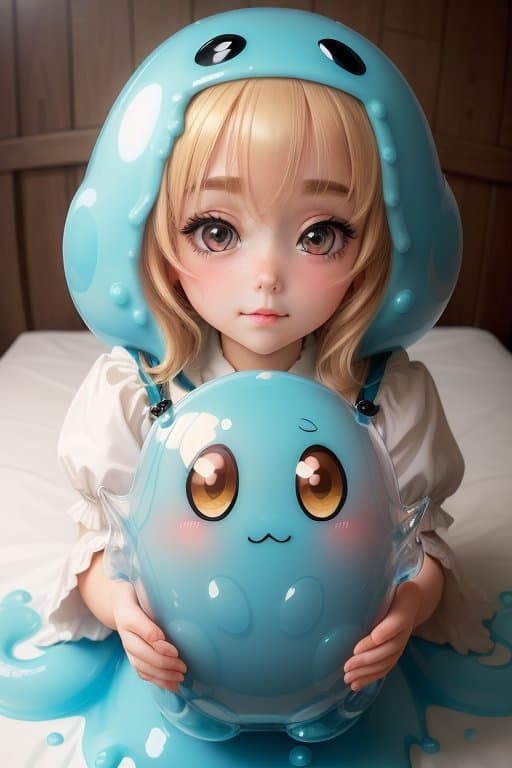AI generated: ((masterpiece, best quality)), (solo), (female focus), big eyes, :3, blush, anime (Slime humanoid gi...