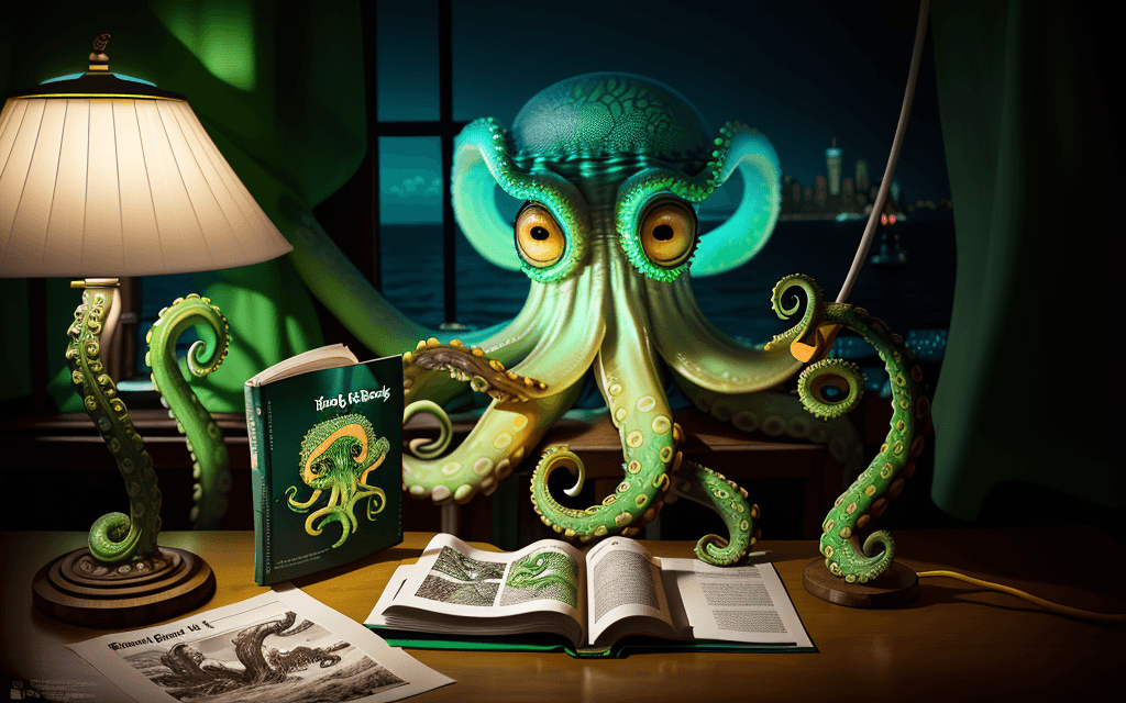 AI generated: a photo of a bright green octopus with a raised eyebrow reading new york times next to a lamp deep i...