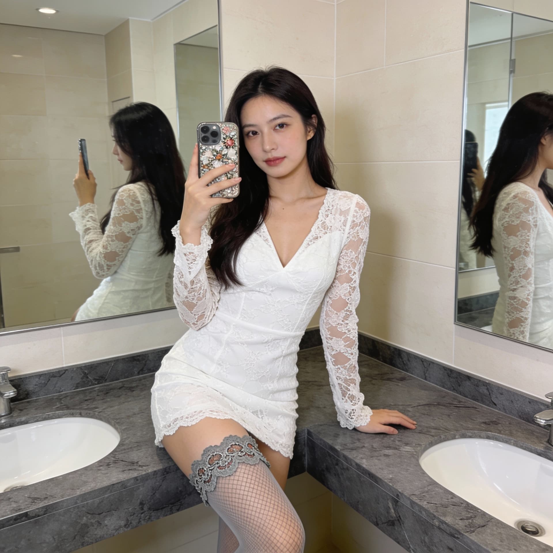 AI generated: A woman in a bathroom, posing in a white lacy mini dress and fishnet stockings.  The dress has a v-n...