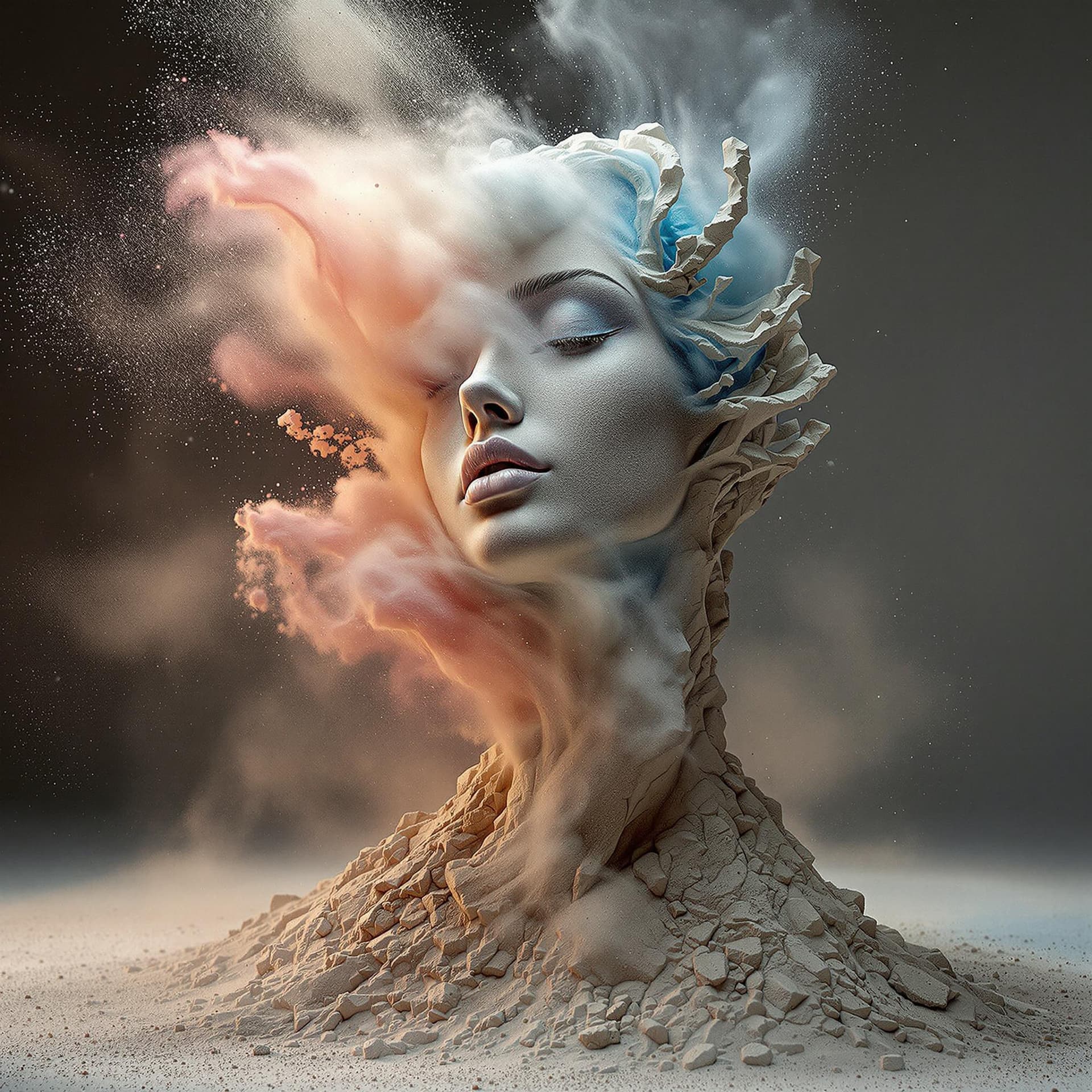 AI generated: ultra detailed shot of a sculpture made of stone and sand in a female shape, dust explosion, motion ...