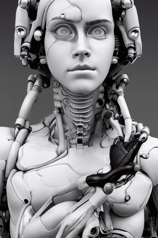 AI generated: cyborg woman emma watson Miyazaki| with a visible detailed brain| muscles cable wires| biopunk| cybe...