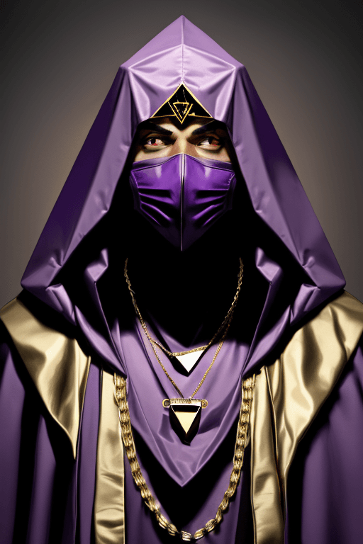 AI generated: Man in purple cloak hood, one big triangle mask, gold chains and jewellery. Invisible face