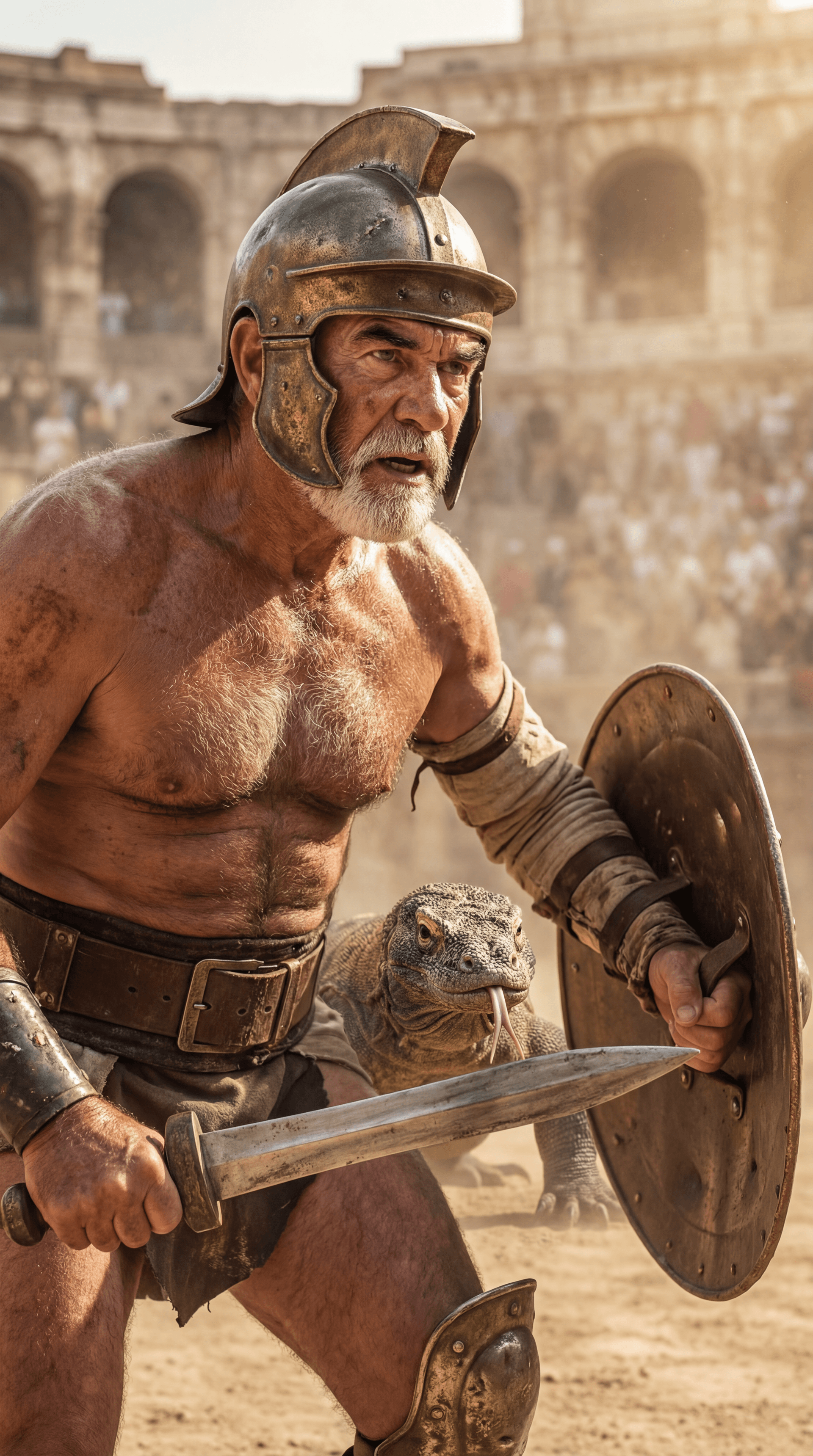 AI generated: Ultra-realistic documentary-style action photography inside the Roman Colosseum, bathed in warm gold...