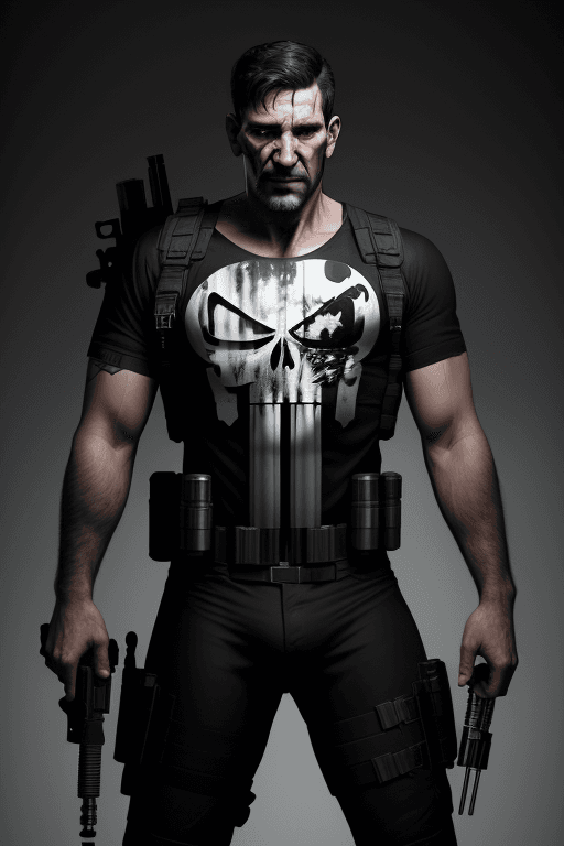 AI generated: male dressed as Punisher, (((full body visible))), looking at viewer, portrait, photography, detaile...
