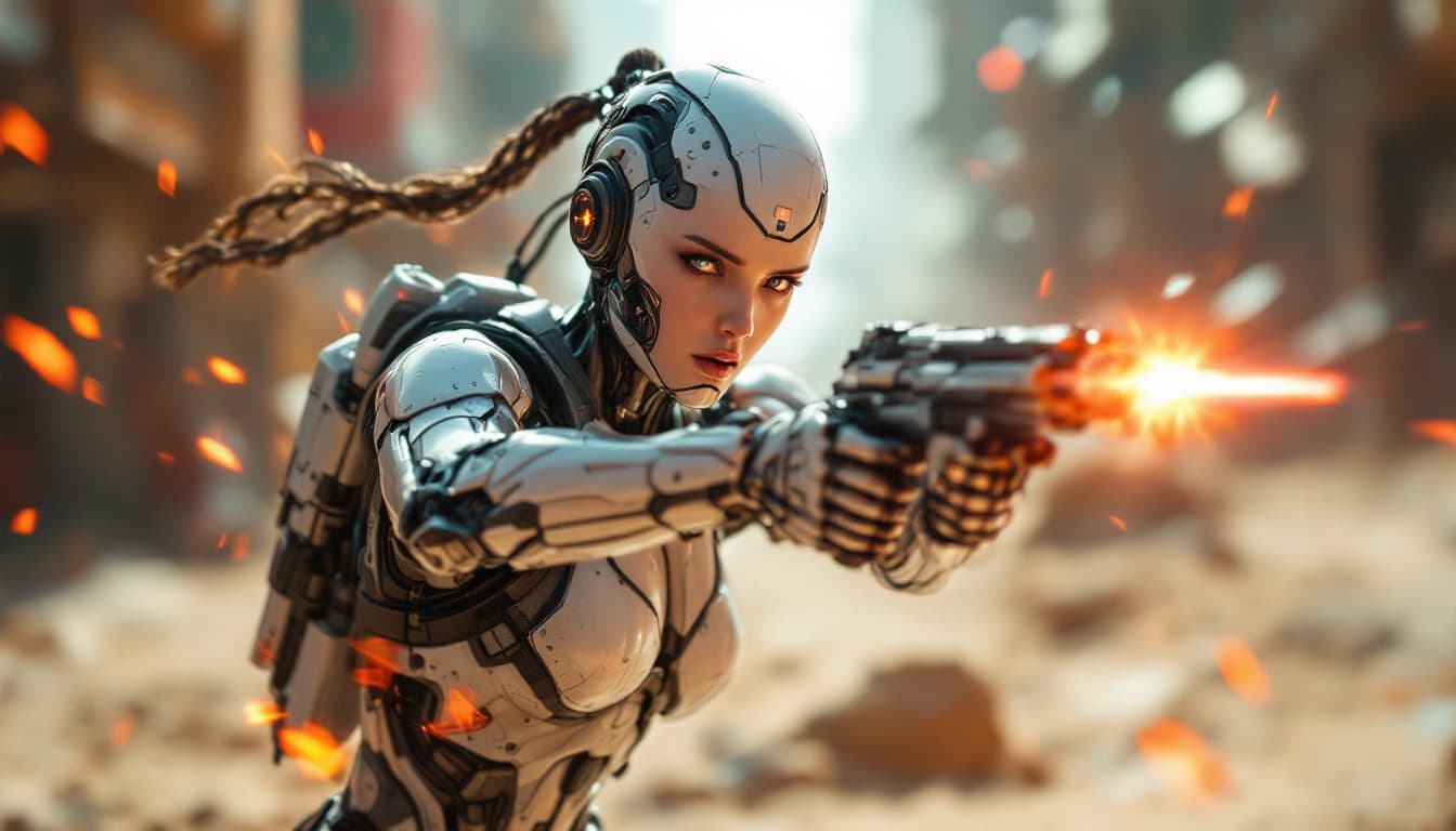 AI generated: A cyborg female soldier fighting in a warzone bright background, masterpiece, best quality, super de...