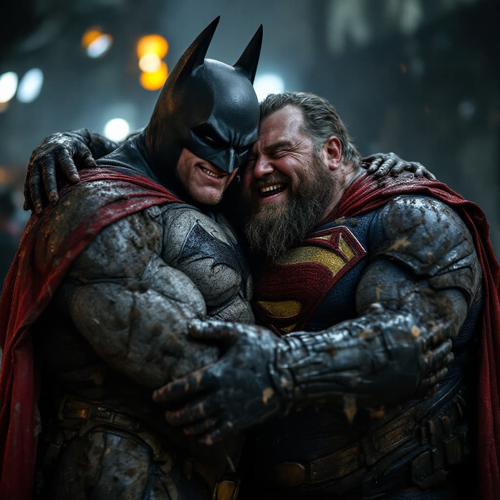 AI generated: photography, medium shot of a batman and superman drunk, laughing very fat, the suits are muddy, dir...