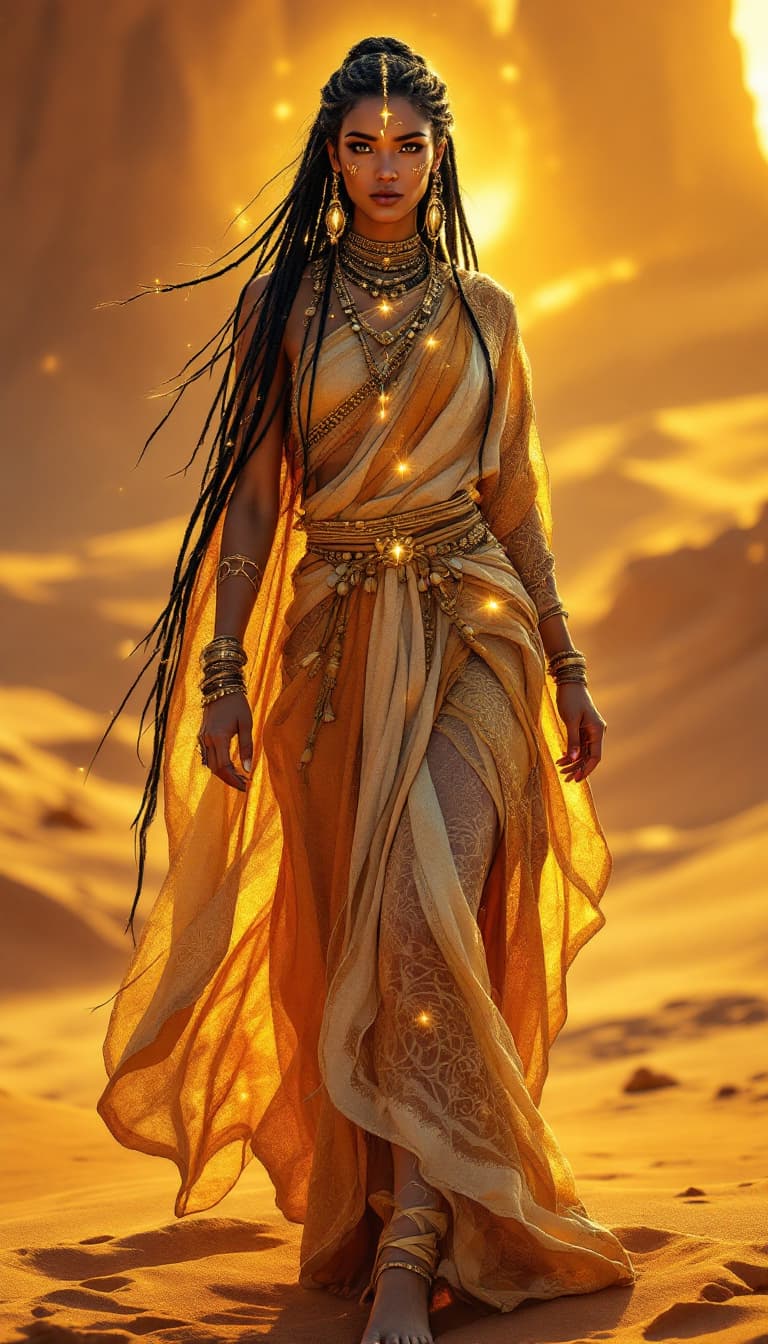 AI generated: An ultra-realistic, full-body view of a mesmerizing desert prophetess woman, radiating ancient wisdo...