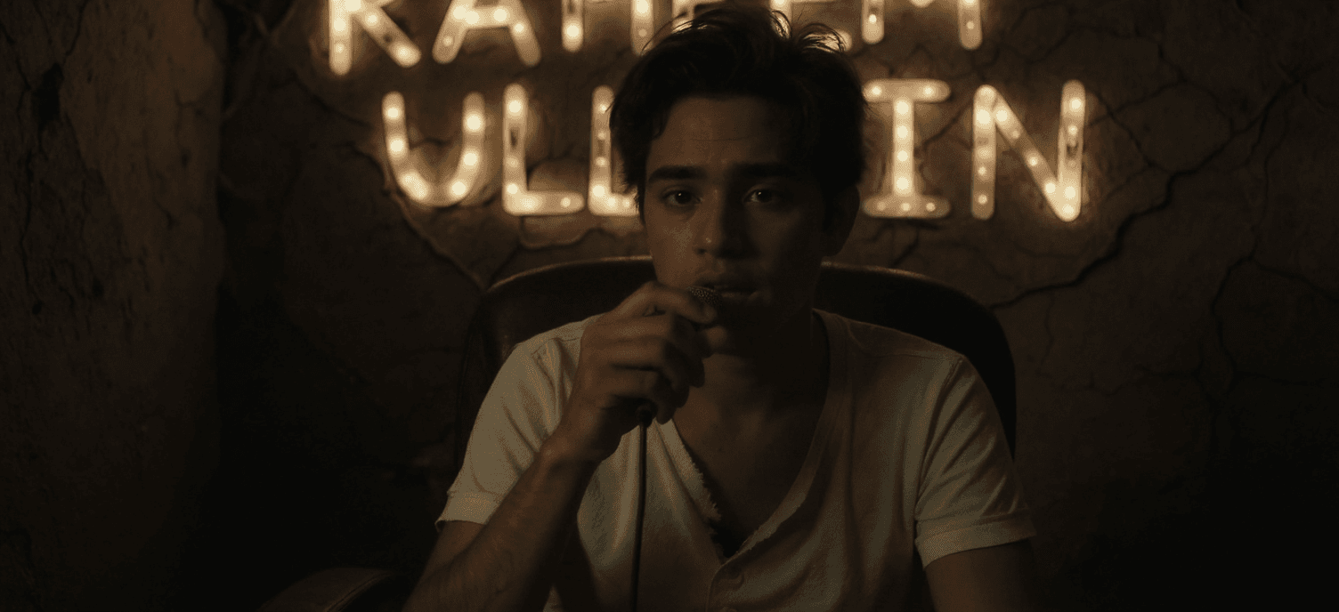 AI generated: A close-up, ultra-realistic shot of a 16-year-old boy from a poor background, sitting on a worn-out ...