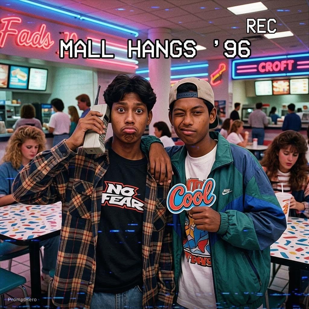 AI generated: Kooky portraits of 90’s mall teens in retro clothing, shot on VHS
