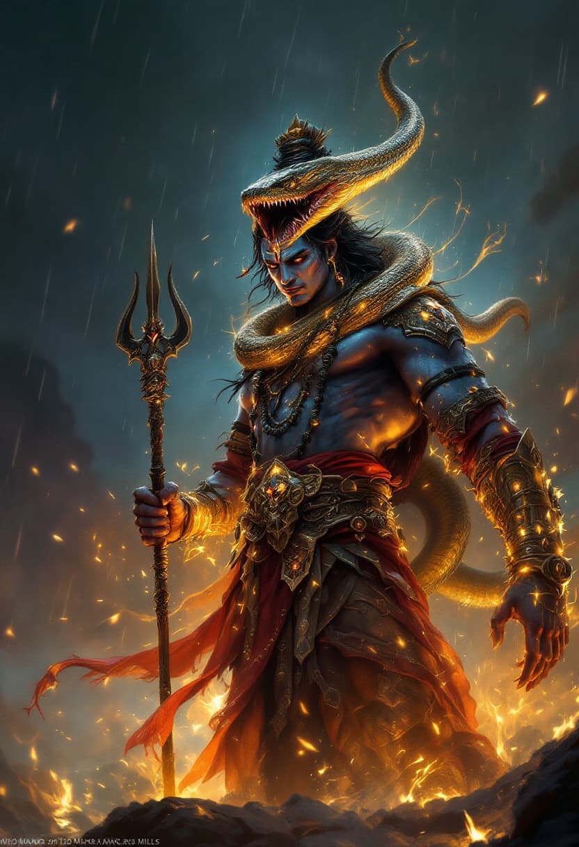 AI generated: digital wallpaper, Lord Shiva the warrion, big cobra on his neck like a neckless, trishul in his han...