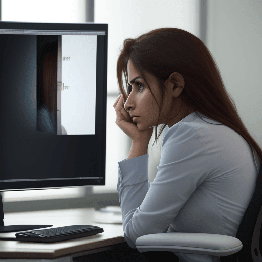 AI generated: High resolution photography Mujer sentada en la oficina y señalando el reloj mirando la pantalla de ...