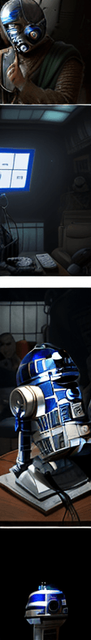 AI generated: R2D2 using a condenser microphone to interview Doctor Doom for a podcast in Tony Stark’s garage 
