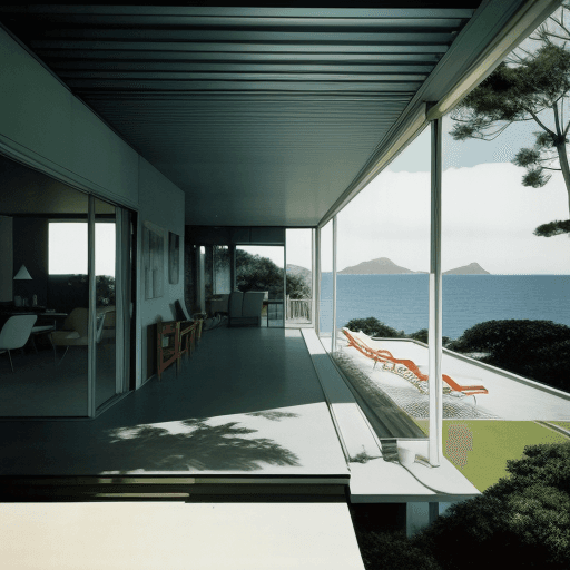 AI generated: Hyper realistic eye level exterior photo of a mid century modern style house overlooking the ocean, ...