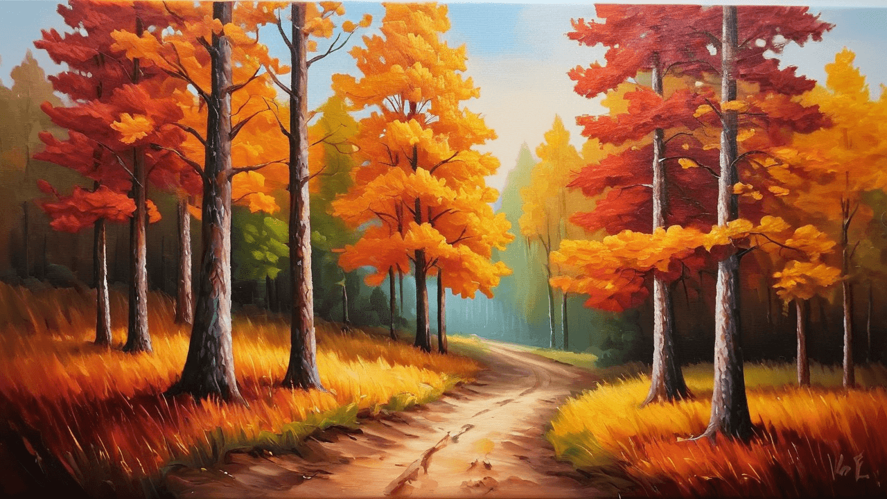 AI generated: forest with warm colored trees, oil painting on canvas